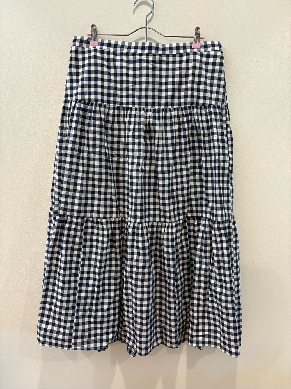 J. Crew Navy & White Gingham Tiered Midi Skirt